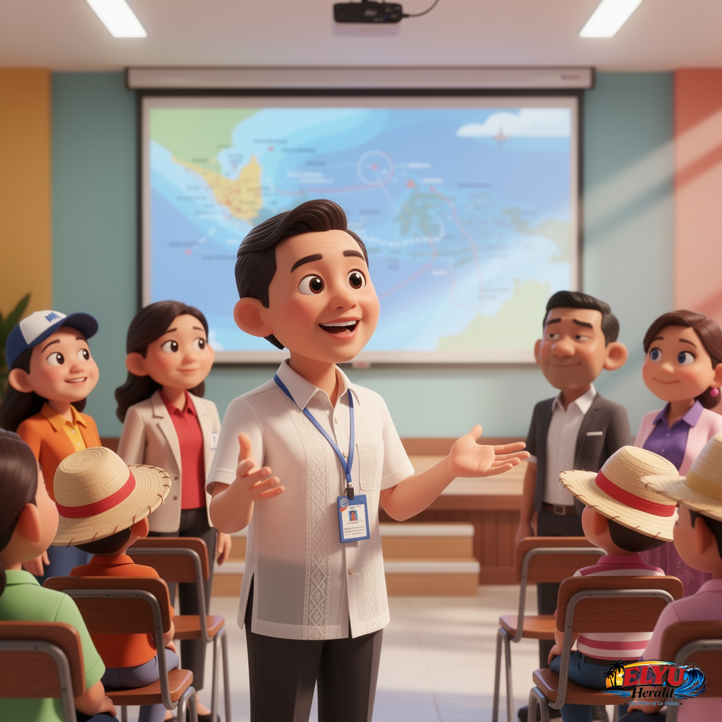 An illustration of local government officials and fisherfolk representatives assemble in a brightly lit auditorium in front of a presentation map showing coastal waters and maritime boundaries.