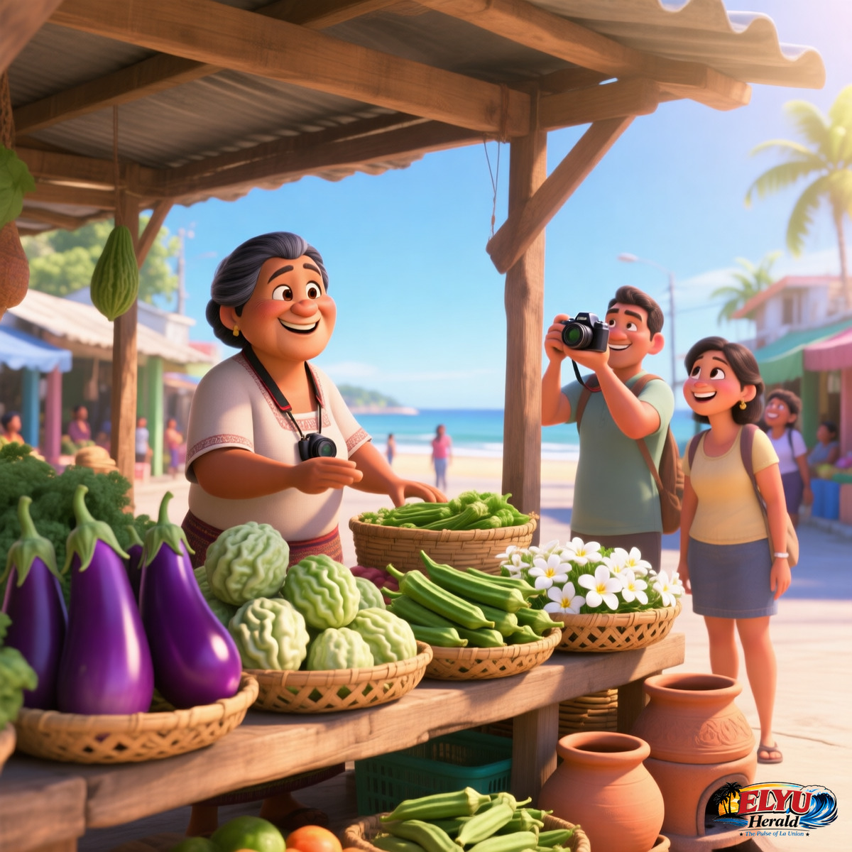 An illustration of a bustling public market stall filled with colorful local vegetables and traditional clay pots, with a diverse group of tourists interacting warmly with a local vendor.