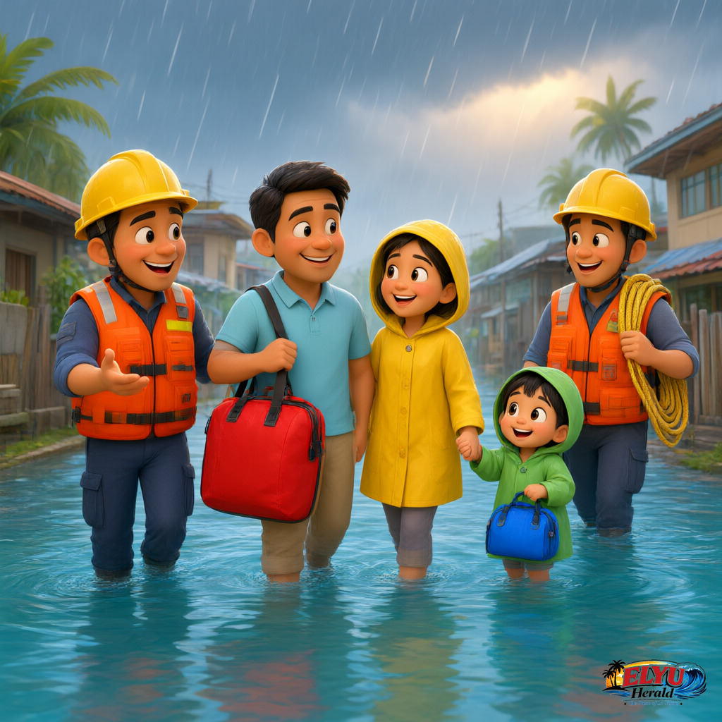 An illustration of emergency responders guide families carrying rescue bags along a flooded village road amid continuous monsoon rains.