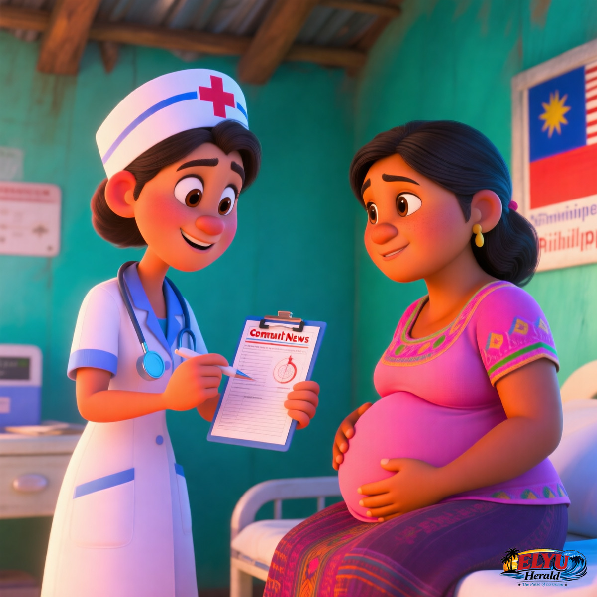 An illustration of a rural health worker in a local community clinic consulting with an expectant mother while holding a maternal health monitoring record.