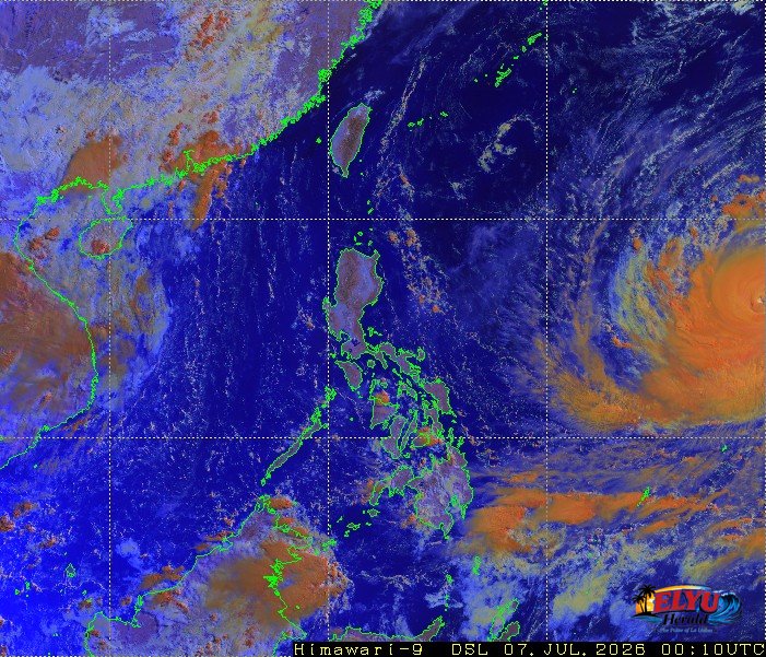 Satellite image of Philippines showing relative position to approaching typhoon Bavi