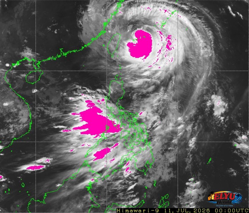 Satellite image of Philippines with heavy rainfall areas.