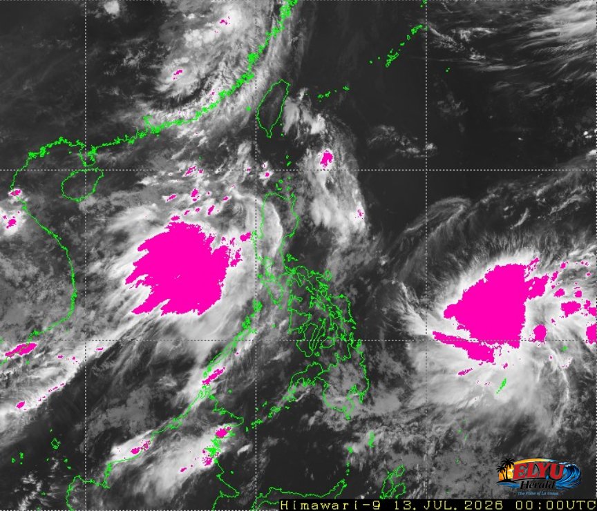 Satellite image of Philippines showing heavy rainfall areas closing in.