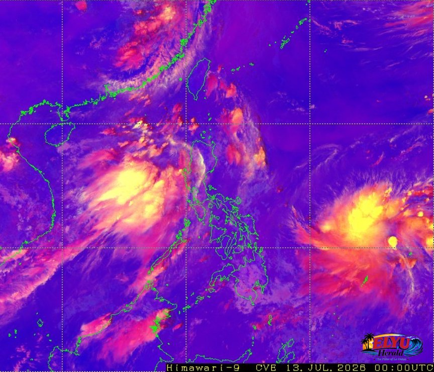 Satellite image of Philippines showing SW monsoon in the west and an approaching typhoon in the east.