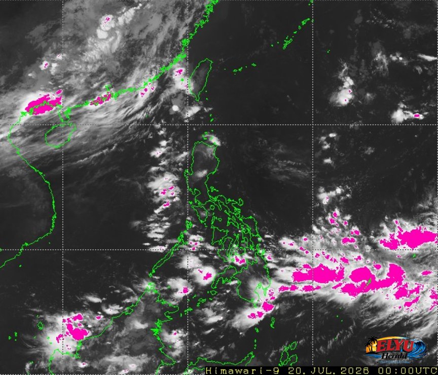Satellite image of Philippines showing rainy patches on periphery.