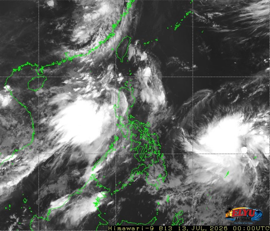 Satellite image of Philippines with Habagat in the west and a brewing weather disturbance to the southeast. 