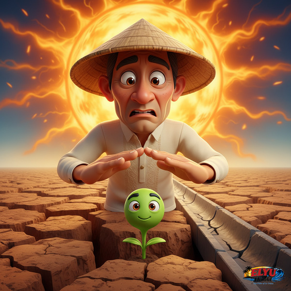 An illustration of a dry agricultural field under a bright sun.