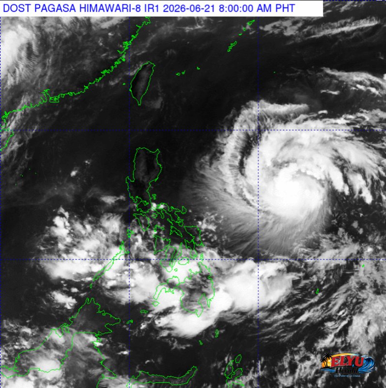 Meteorological map of Philippines showing severe tropical storm system located east of landmass in the Pacific Ocean