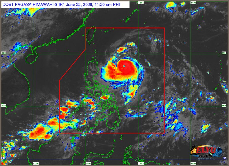 Meteorological map of Philippines showing severe tropical storm system located east of landmass in the Pacific Ocean