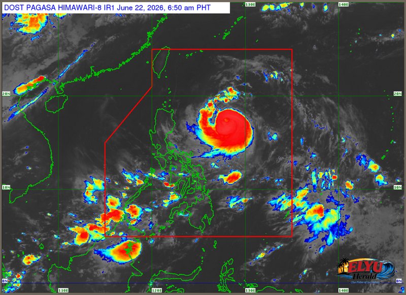 Meteorological map of Philippines showing severe tropical storm system located east of landmass in the Pacific Ocean