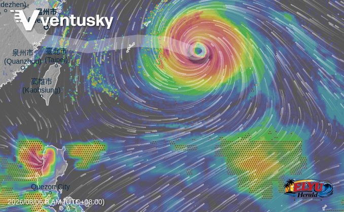 Ventusky screenshot image showing Typhoon Maymay over Northernwestern Luzon and Typhoon Dolphin outside PAR