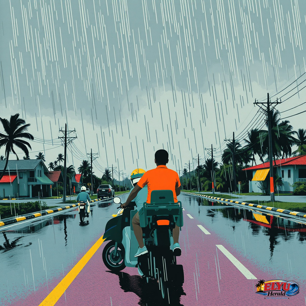 A motorized tricycle travels along a rain-soaked coastal road in La Union, Philippines