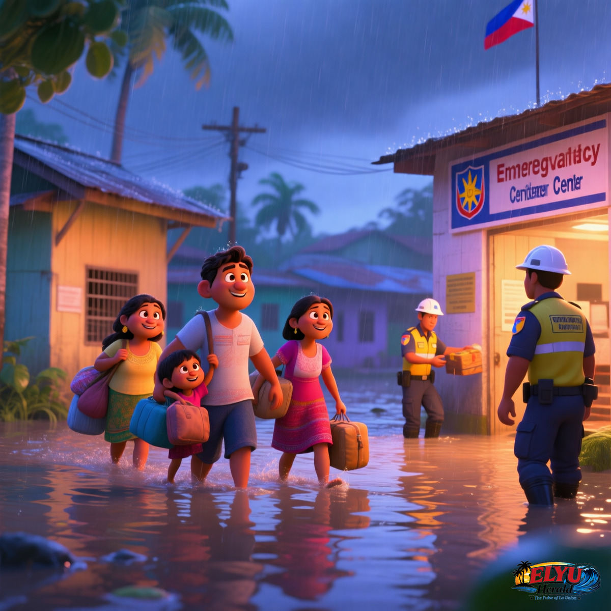 An illustration of families carrying personal belongings walk through shallow floodwaters toward a local emergency evacuation center in a Philippine town during a heavy downpour.