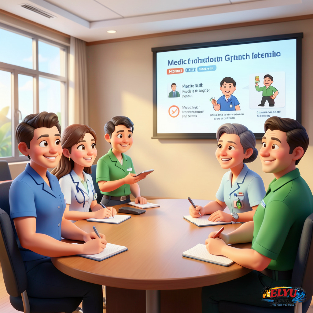 An illustration of healthcare professionals and municipal health officers attending a lecture inside a modern hotel seminar room, taking notes as a speaker presents medical guidelines on a screen.