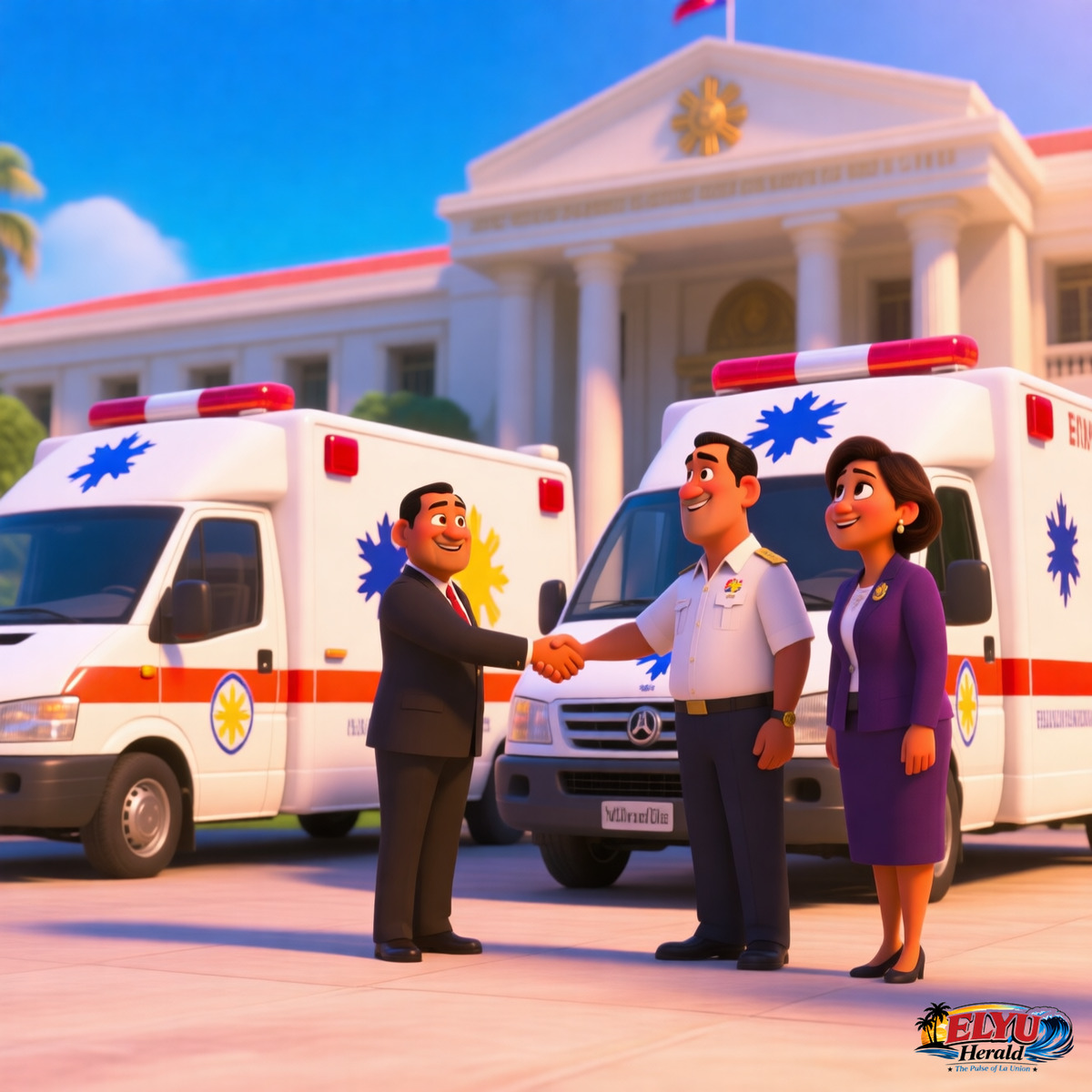 An illustration of official government representatives standing beside white emergency medical transport vehicles parked outside a capitol building during a ceremonial key handover.