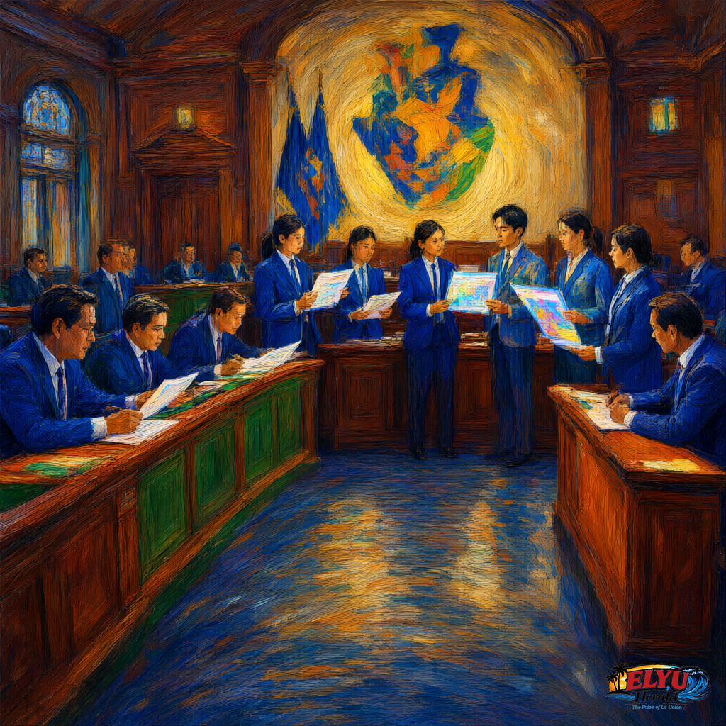 An illustration of local government apprentices present slides and documents to provincial officials seated at desks inside the Francisco I. Ortega Session Hall in San Fernando, La Union.