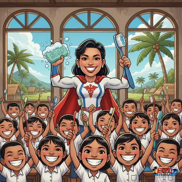 An illustration of medical professionals teaching students proper toothbrushing techniques.