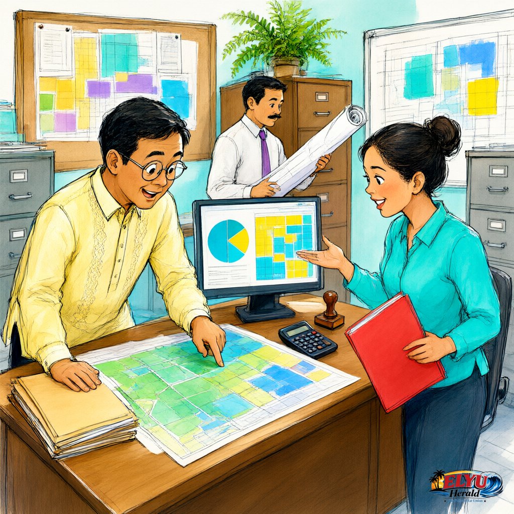 An illustration of evaluators and local municipal staff reviewing paper property tax records inside a town hall assessor office in La Union.