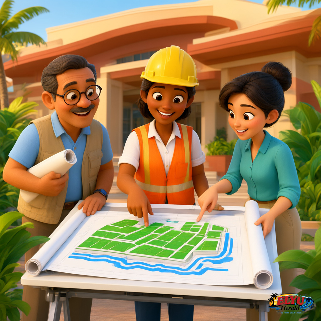 An illustration of a civil engineer and municipal planners review construction blueprints featuring green roofs and drainage channels near a government building in San Fernando, La Union.