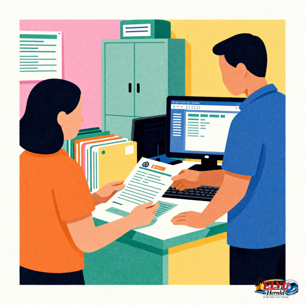 An illustration of a local resident submits paper documents to a staff member at the Local Civil Registry Office counter in San Fernando, La Union, while a computer monitor on the desk displays a digital database interface.