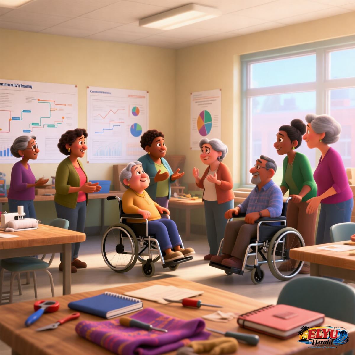 An illustration of a group of community members, including individuals in wheelchairs, participating in a municipal workshop featuring legal discussion charts and livelihood materials inside a civic building.