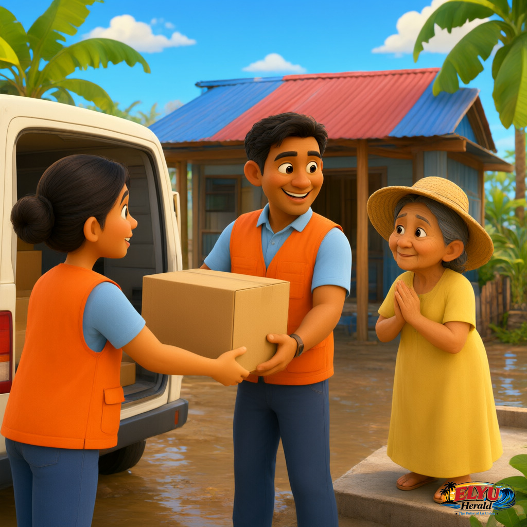 An illustration of emergency response workers unload boxes of relief food packs from a supply vehicle to assist flood-affected residents outside a community shelter.