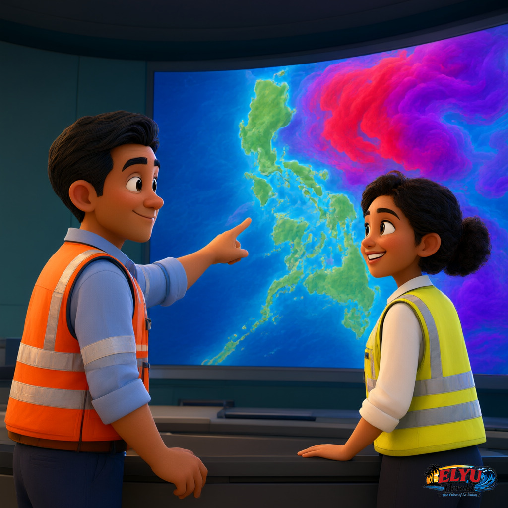 An illustration of emergency response personnel inside an operational monitoring center viewing digital weather maps displaying heavy rain systems over coastal landforms.