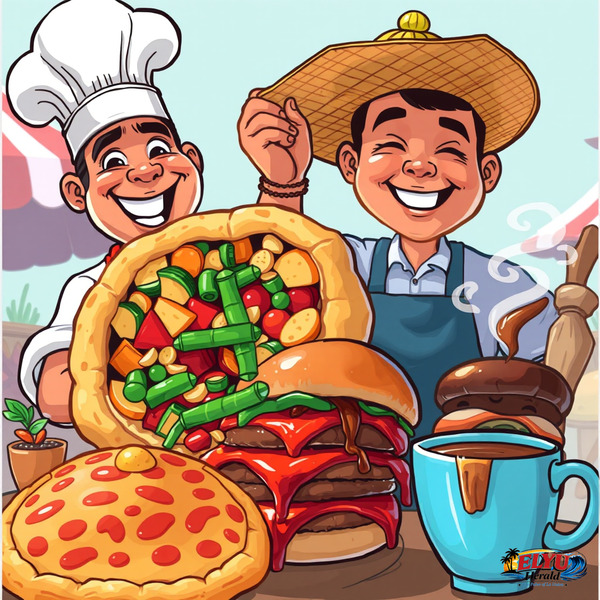 An illustration of a plate of modern Ilocano empanadas next to fresh local ingredients.
