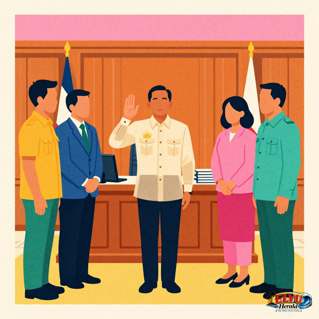 An illustration of a government official in a formal barong tagalog raises his right hand to take an oath of office before a regional director inside a wood-paneled office at the La Union Provincial Capitol.