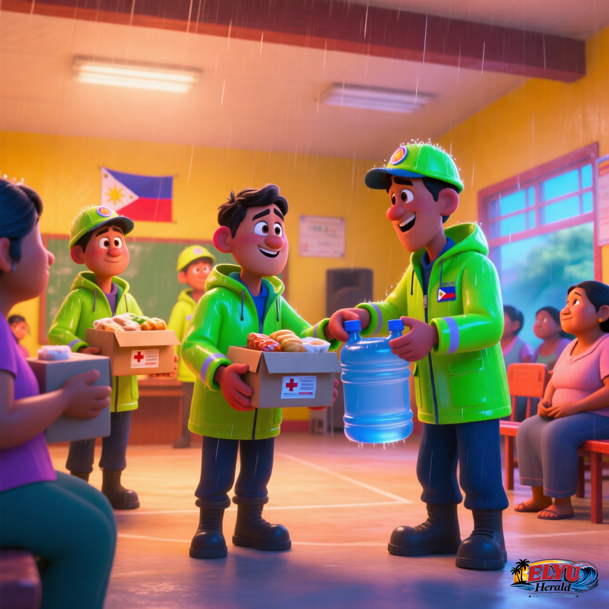 An illustration of municipal disaster response workers in bright rain jackets hand emergency food boxes and large water containers to local residents inside a brightly lit community center.