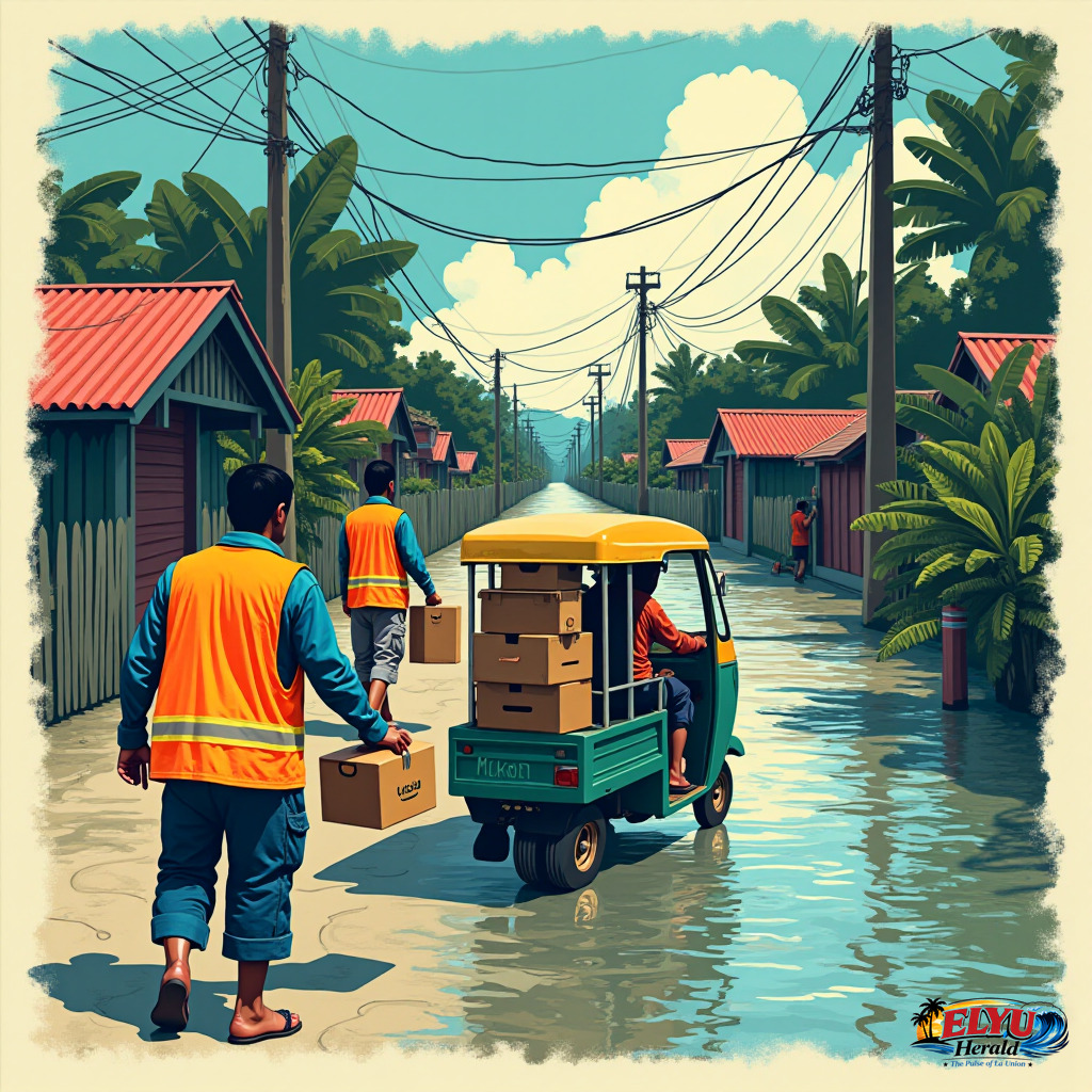 local disaster response workers in orange vests load boxes of relief supplies onto a motorized tricycle on a partially flooded street