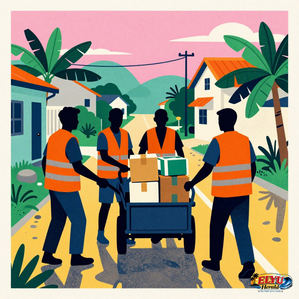 local disaster response workers in orange vests load boxes of relief supplies onto a motorized tricycle on a partially flooded street