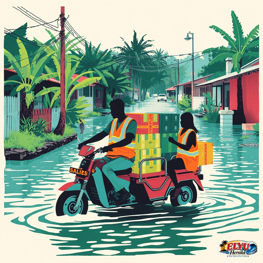 local disaster response workers in orange vests load boxes of relief supplies onto a motorized tricycle on a partially flooded street