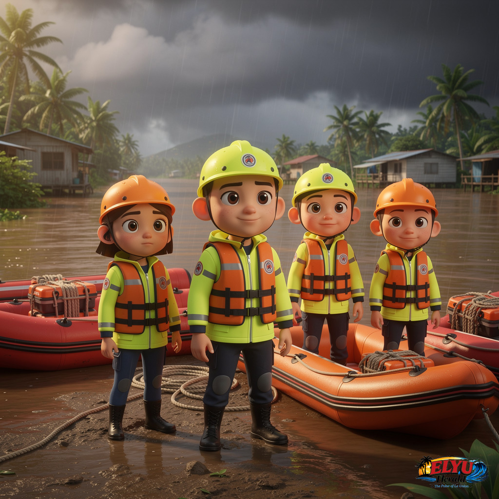 An illustration of emergency rescue personnel in high-visibility gear stand ready near deployed inflatable boats along an overflowing riverbank under gloomy monsoon skies.