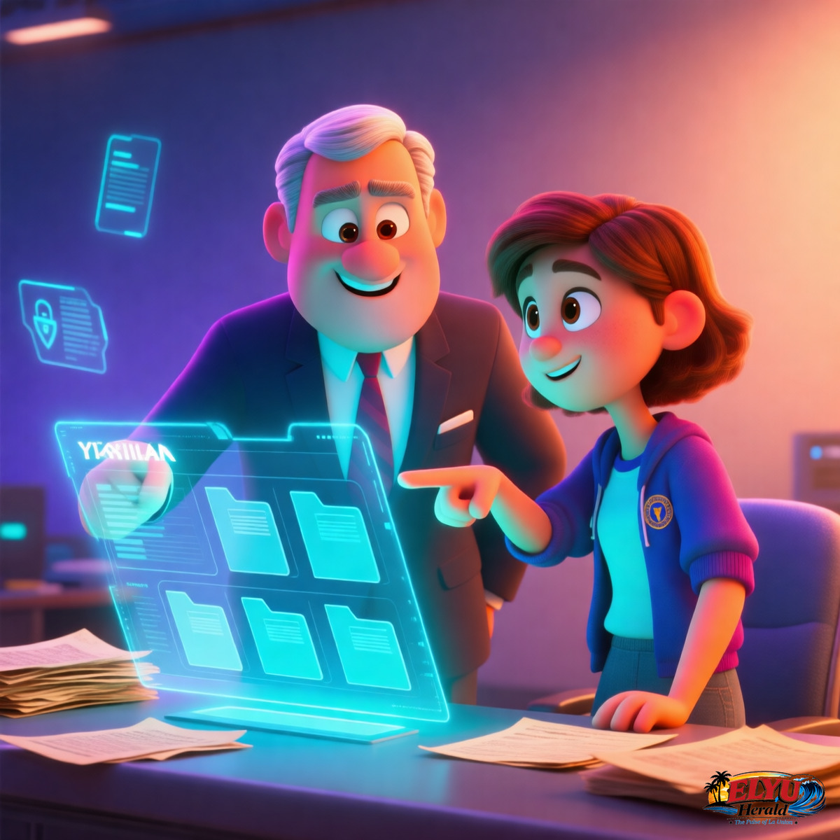 An illustration of a local government official and a university representative with a digital tablet displaying a database system in the background.