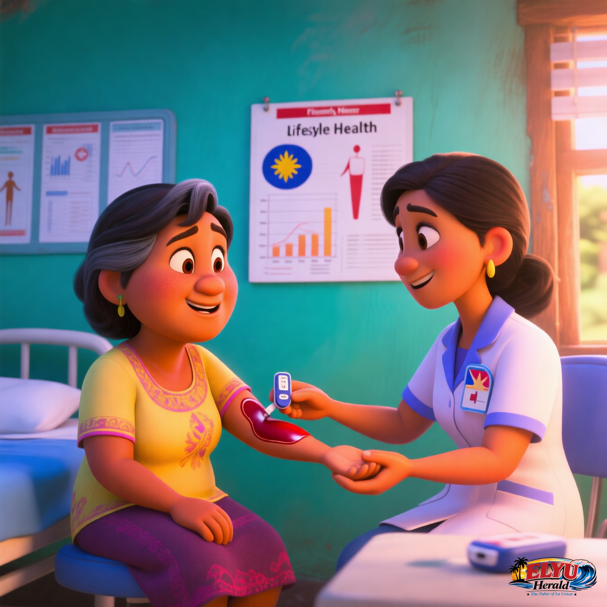 An illustration of a community healthcare worker in a local primary care clinic conducting a blood sugar check for a resident while medical charts on lifestyle health hang on the wall.