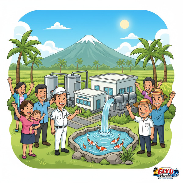 An illustration of a modern wastewater treatment facility with processing tanks