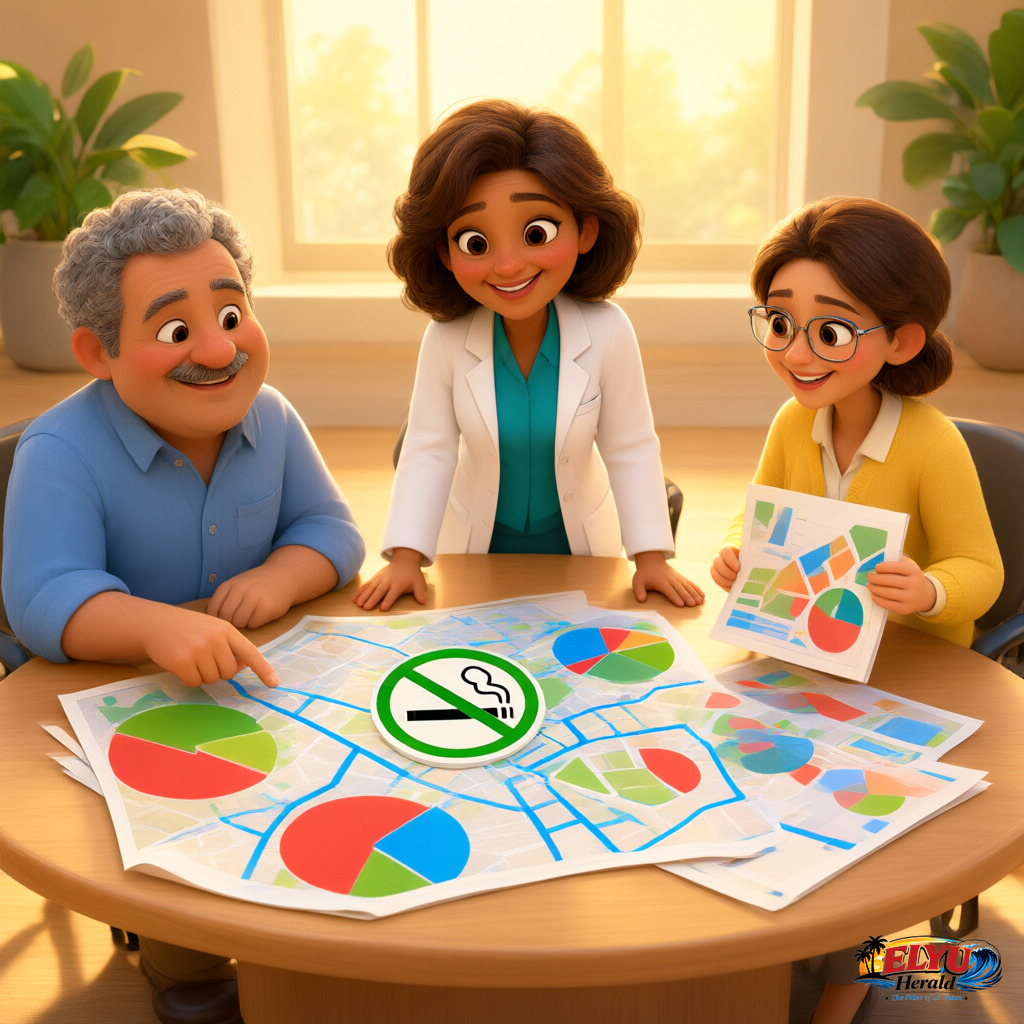 An illustration of local health officials and municipal representatives gather around a conference table in San Fernando City to review ordinance documents and maps for tobacco regulation.