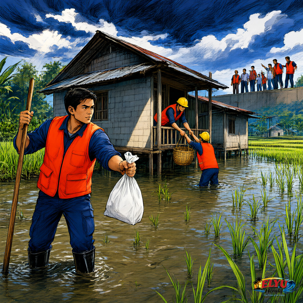 An illustration of rice fields submerged in floodwaters and surrounding houses in Sta. Barbara, Pangasinan while disaster response personnel evaluate the local damage and assist in relief efforts.