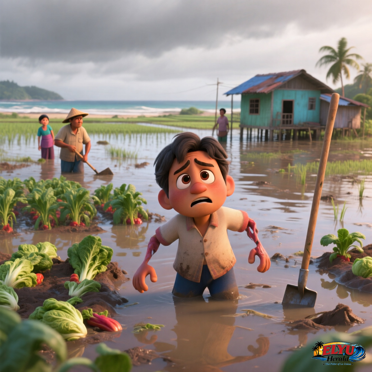 An illustration of a flooded agricultural field in a rural coastal province featuring damaged vegetable crops and partially submerged farming tools under an overcast gray sky.