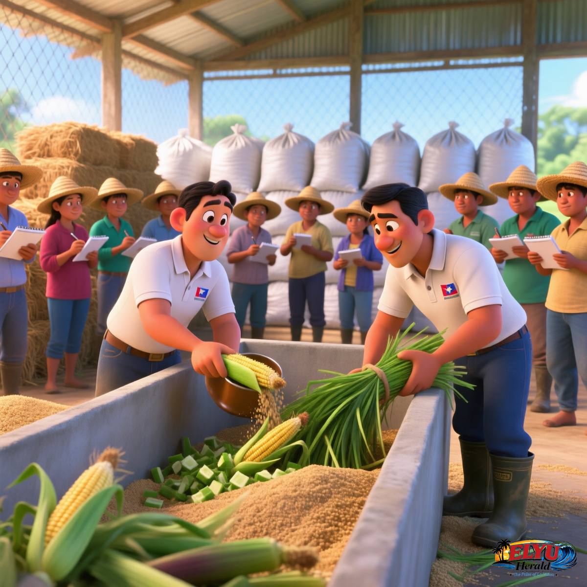 An illustration of agricultural trainers demonstrating the process of mixing livestock feed and silage to a group of attentive local farmers inside a training facility.