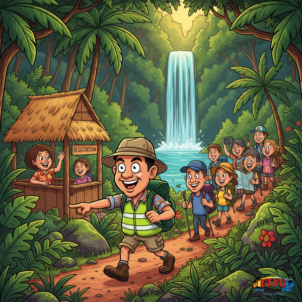 An illustration of a tour guide leading visitors along a nature trail.