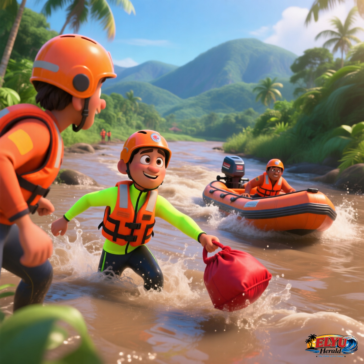 An illustration of rescuers training for basic water rescue.