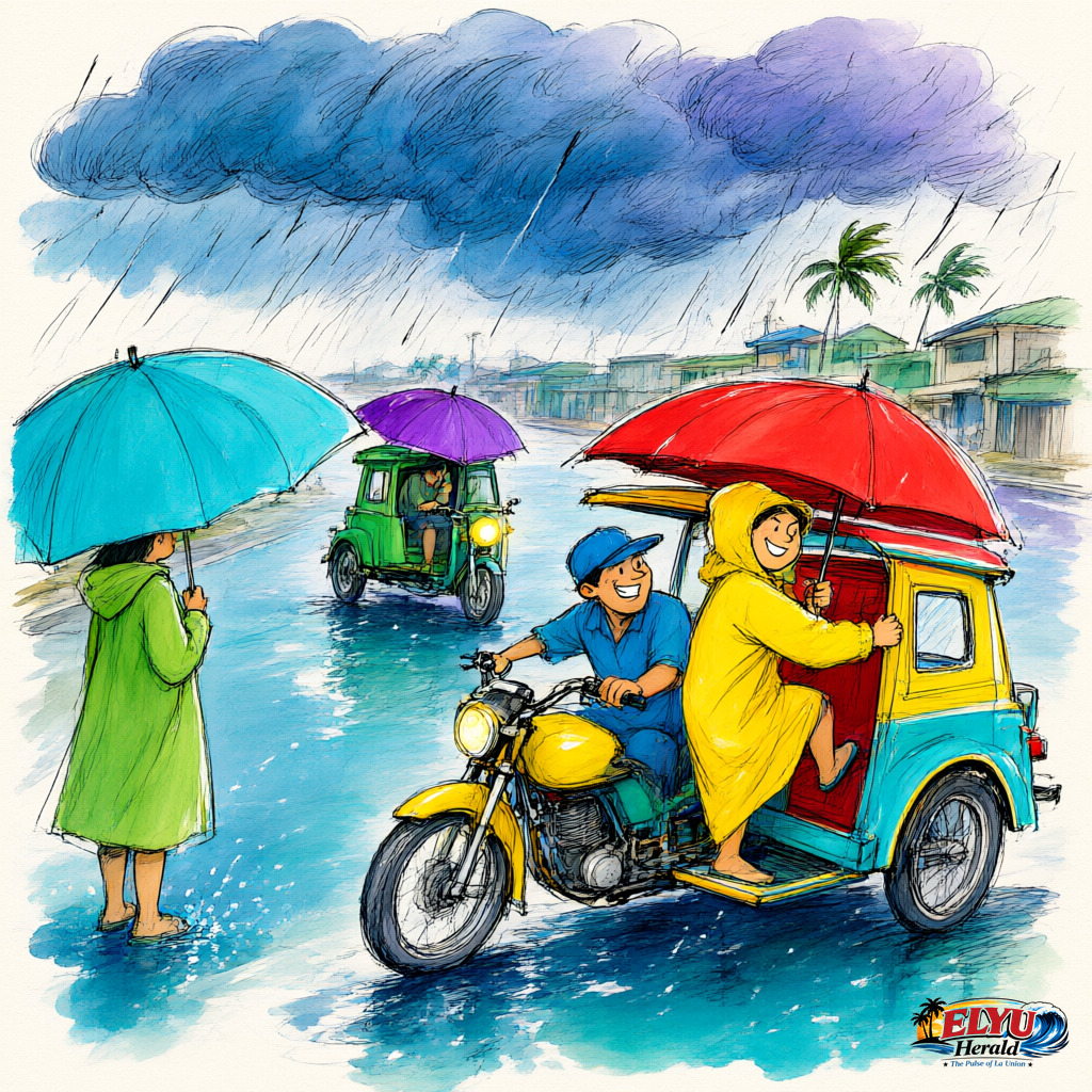 An illustration of Commuters hold umbrellas and board tricycles along a rain-slicked street in a coastal La Union town as monsoon clouds gather overhead.
