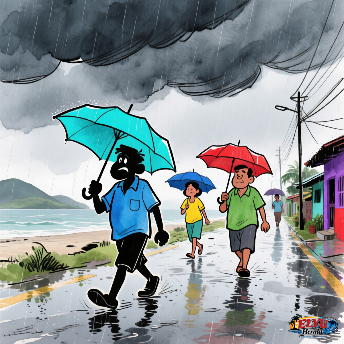 An illustration of community residents navigating wet weather