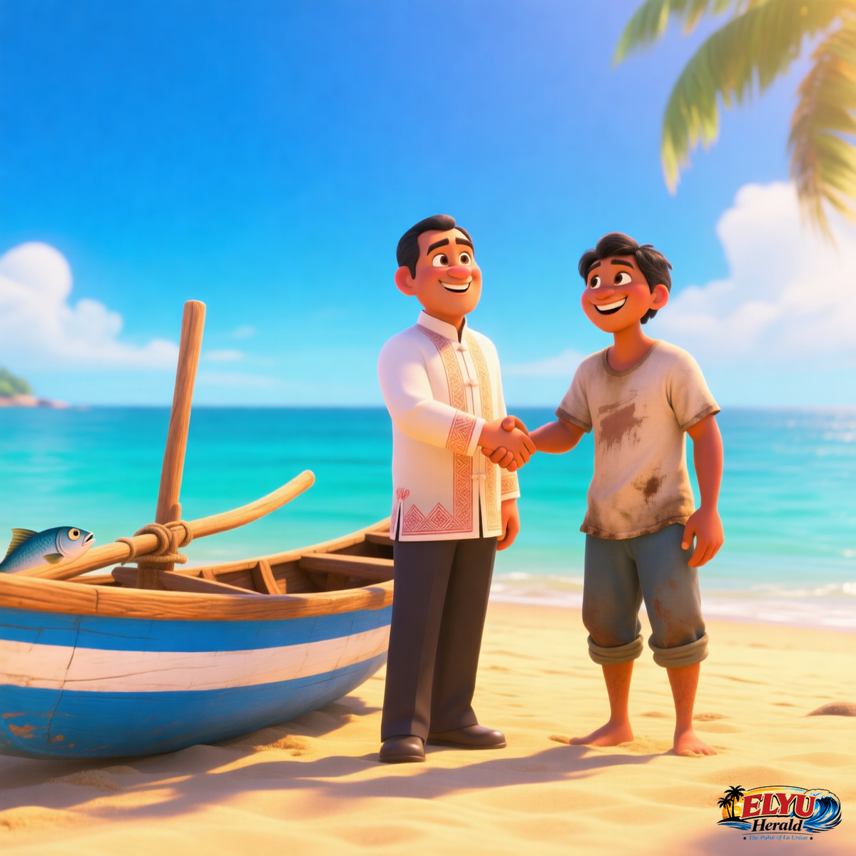 An illustration of local government official and traditional fisherfolk stand together on a sandy coastline beside a wooden outrigger boat while looking out over clear ocean waters.